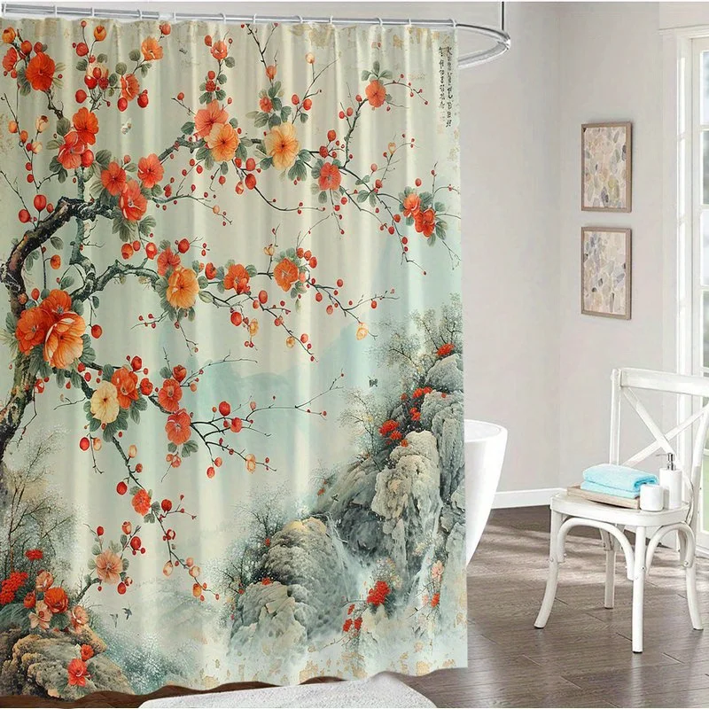 

Традиционная китайская шторка для душа с изображением красных цветков сливы и горного пейзажа для декора ванной комнаты в стиле дзен. Прочные материалы.