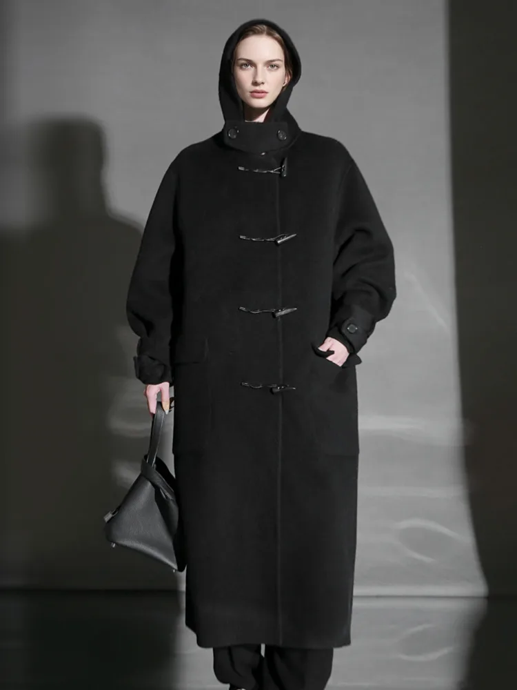 معطف نسائي طويل من مزيج الصوف الأبيض من ZMEENNA مع قلنسوة وإغلاق كبير الحجم ملابس خارجية شتوية طويلة بلون سادة ZM4528