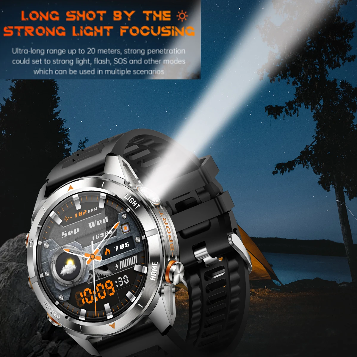 

Outdoor Sports 3ATM Waterproof Smartwatch Strong Light Flashlight Heart Rate Health Music Alarm Clock BT Call Smart Watches Gift