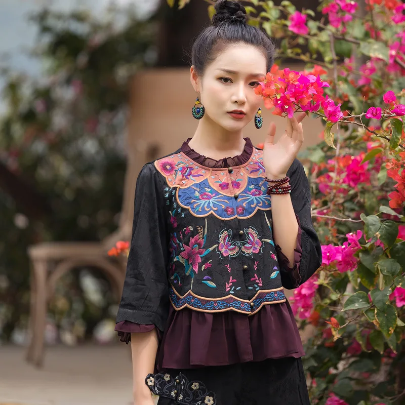 2023 chinese traditional hanfu tops women round neck delicate embroidery tops vintage all match hanfu tops ethnic style tops