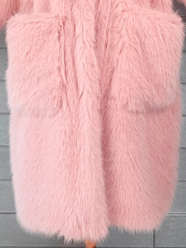 Lautaro Winter Long Oversized Pink Thick Warm Soft Shaggy Fluffy Faux Fur Coat Women Pockets Lapel Loose Sweet Cute Fashion 2022 images - 6