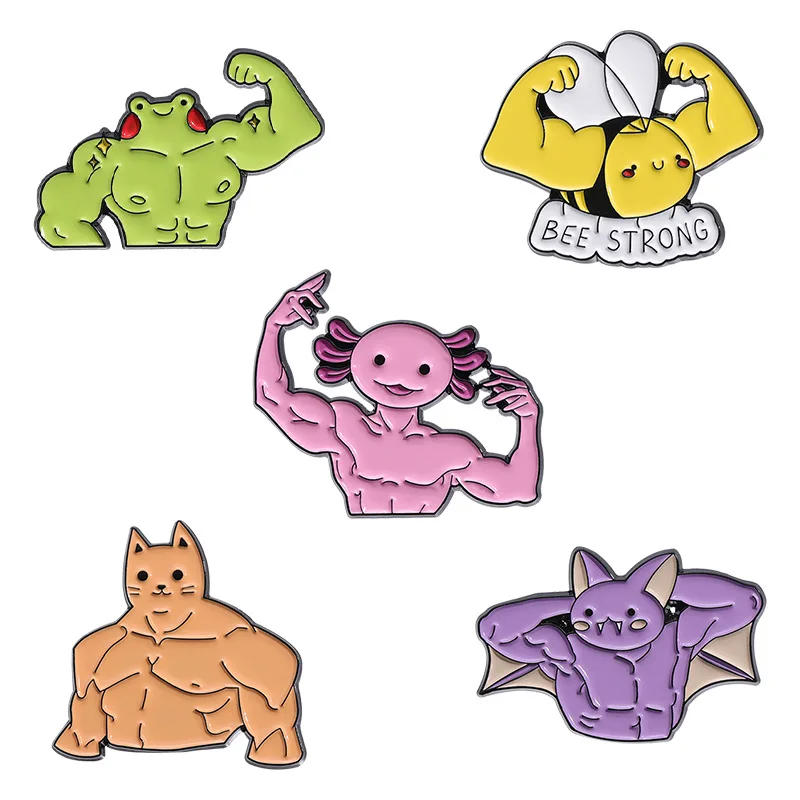 Fitness Muscle Exercise Brooch Enamel Pin Custom Frog Salamander Bat Bee Strong Badges Lapel Pins For Hats Clothes Jewelry Gifts