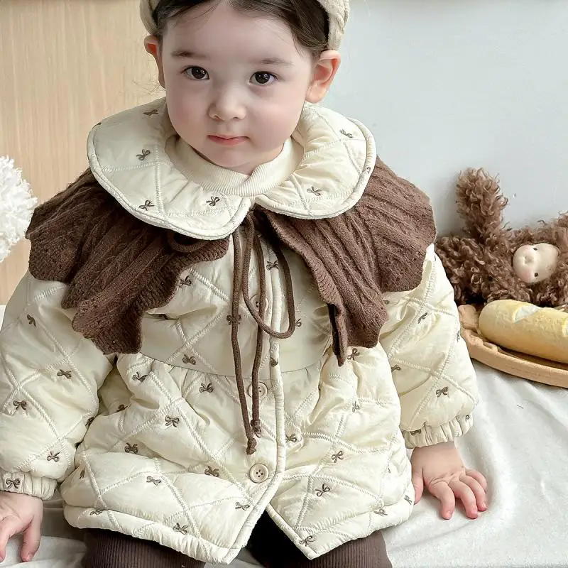 2024 Thick Causal Children Coat  Long Sleeves Turn Down Collar Baby Girl Clothing Bowknot Warm Girls Coats Winter Clothing Pants