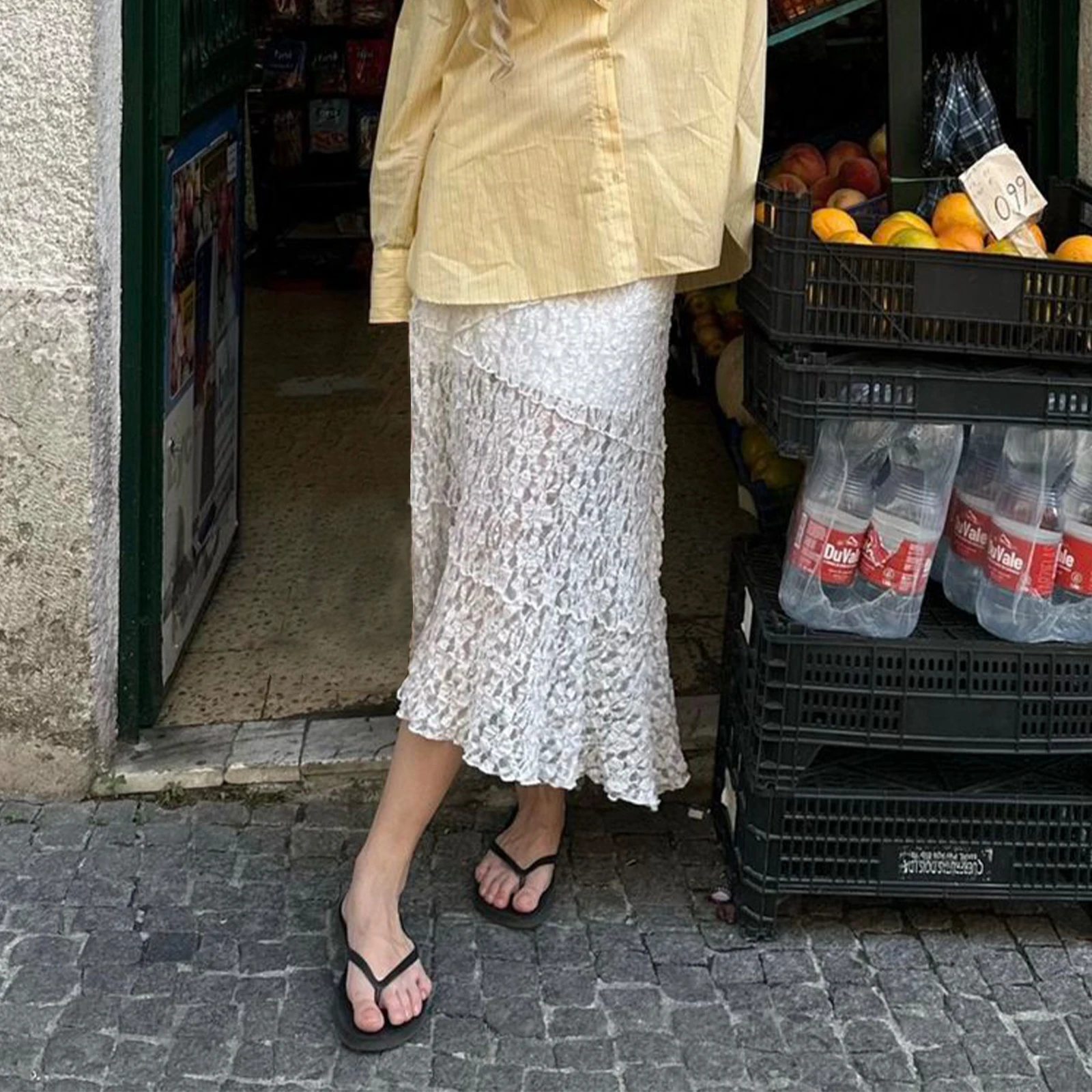 Gaono Falda midi de encaje de hadas Y2K para mujer, falda larga elegante de cintura baja con retazos de verano para ropa de calle informal diaria Vintage