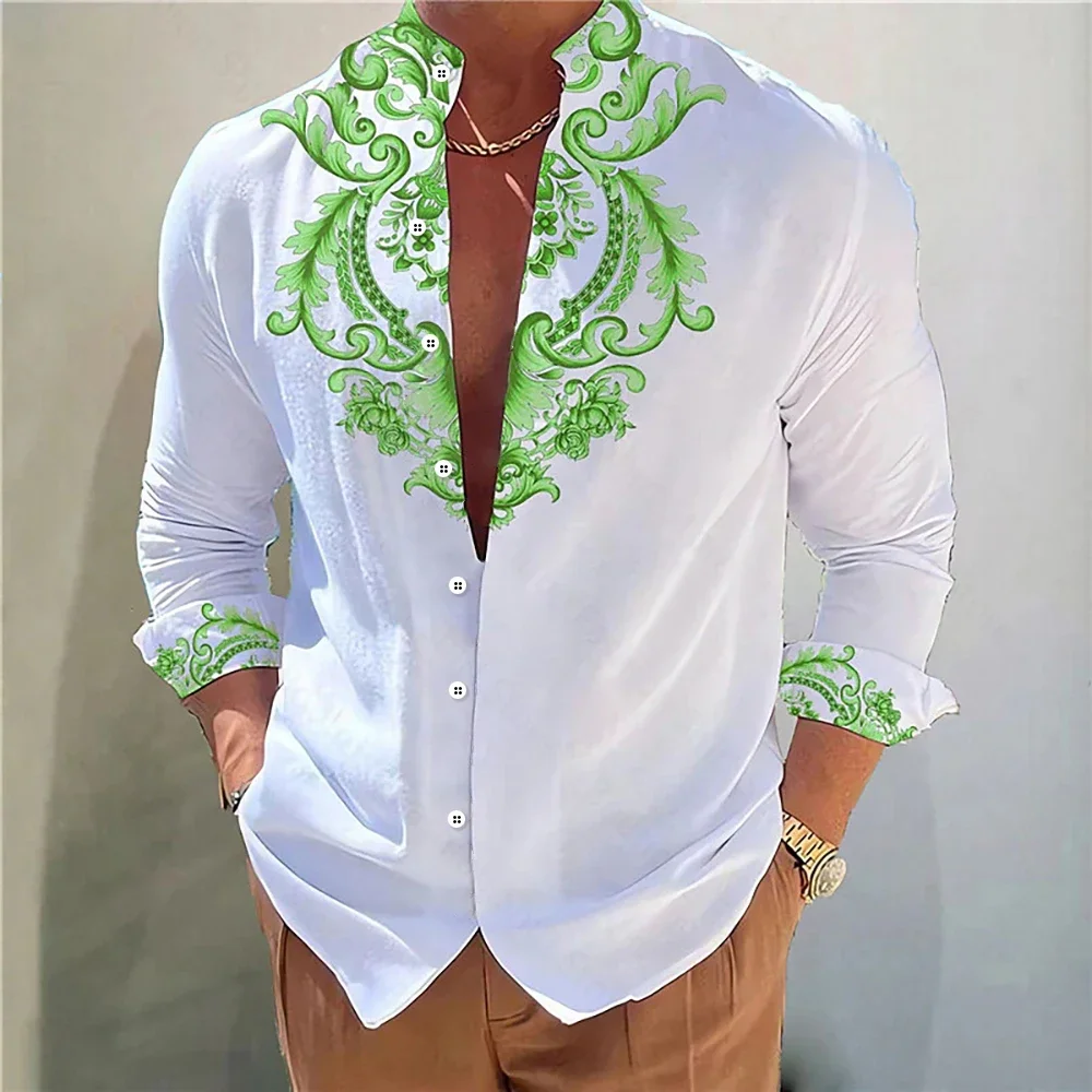 Men's shirt floral pattern 3D HD printing stand collar golden rose outdoor street long sleeve shirt large size XS-6XL