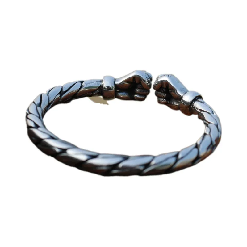 Powerful Strike S925 Silver Men's Bracelet fried dough twist Double fist Twisted Pattern Vintage Old style Couple Bracelet