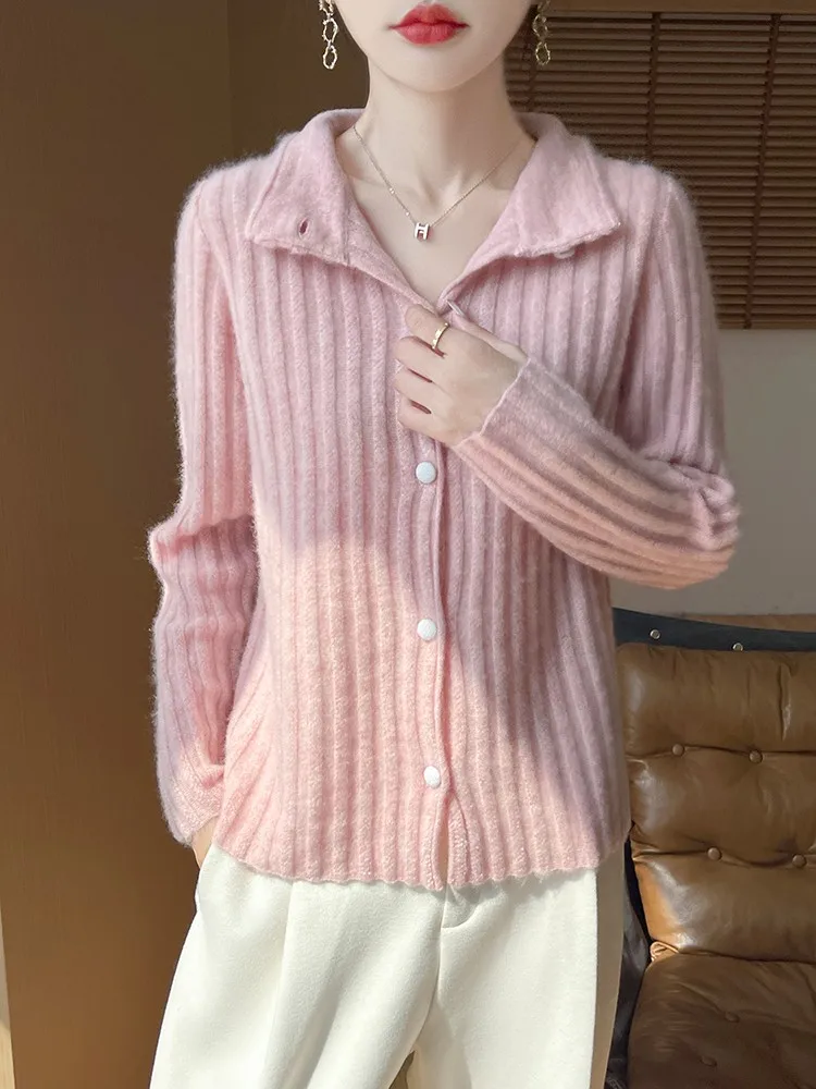 100% Pure Wool Coat Women's Clothing Lapel Knitted Cardigan Casual Loose Solid Color Tops Autumn Winter Long Sleeved Warm Shirt