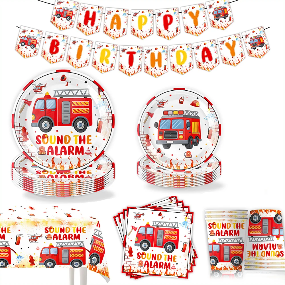 Fire Truck Birthday Party Set, Firefighter Tableware Set Paper Plates Cups Napkins Banner for Boys Fire Engine Birthday Decor