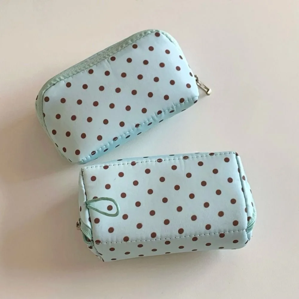 Durable Mint Green Small Makeup Bag Polka Dot Print Portable Mini Cosmetic Pouch Coin Purse Women Girls