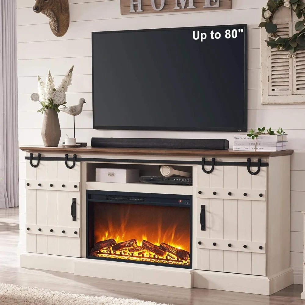 

70" Fireplace TV Stand for 75 80 Inch TV, Farmhouse Highboy Entertainment Center with 30"Electric Fireplace & Sliding Barn Doors
