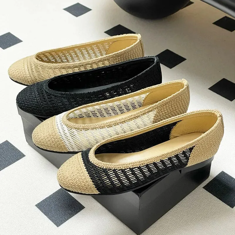 

Женские туфли ручной работы на плоской подошве с круглым носком, богемные сандалии, балетки, дышащие тканые туфли с неглубоким носком