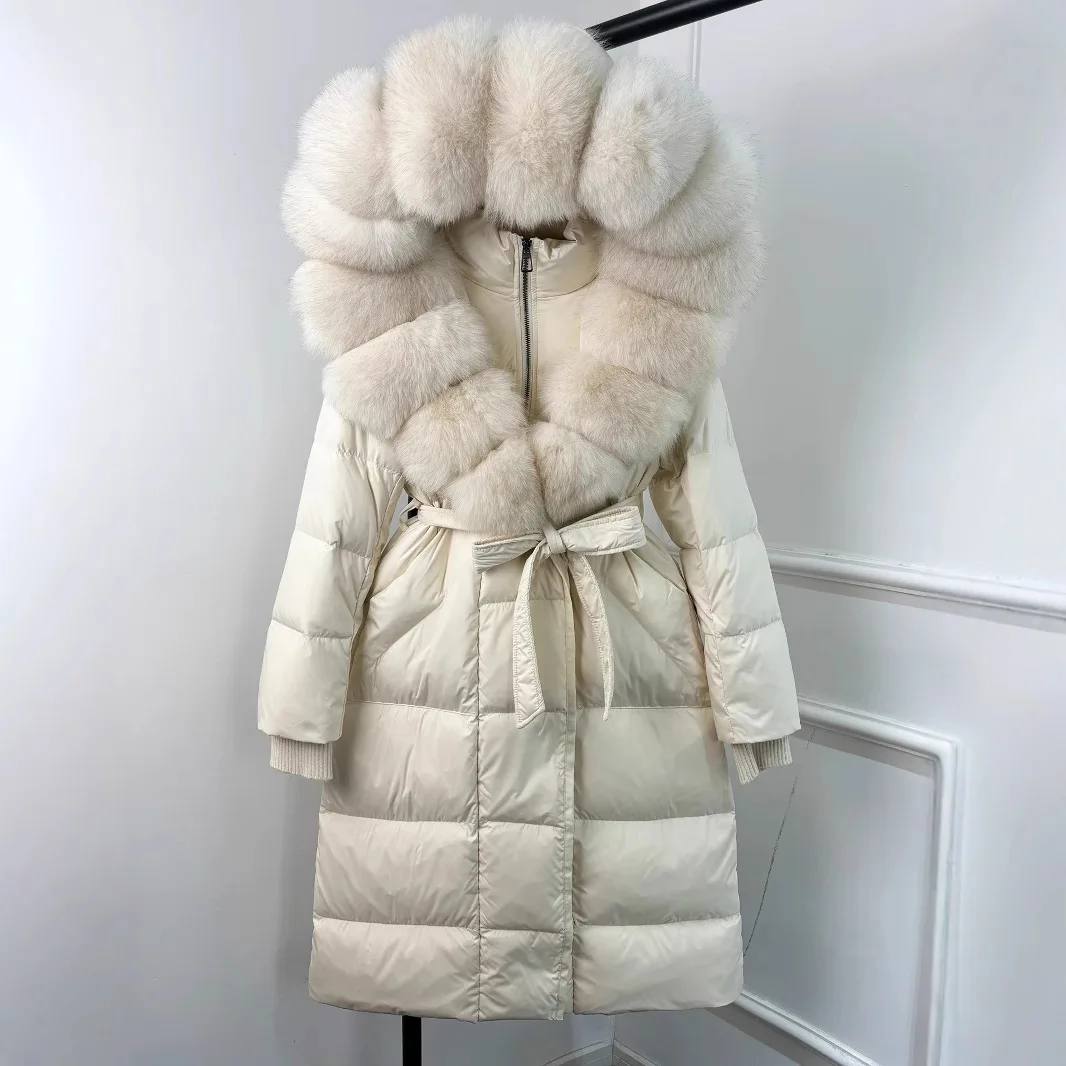 2025, dameskleding, grote bontkraag, lange slanke donsjas met capuchon 1019