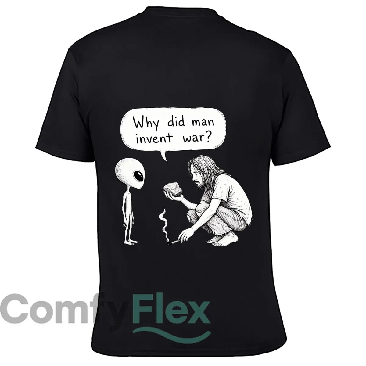 Alien Human War Question Cartoon Men Summer Washed Tee Loose Distressed Top