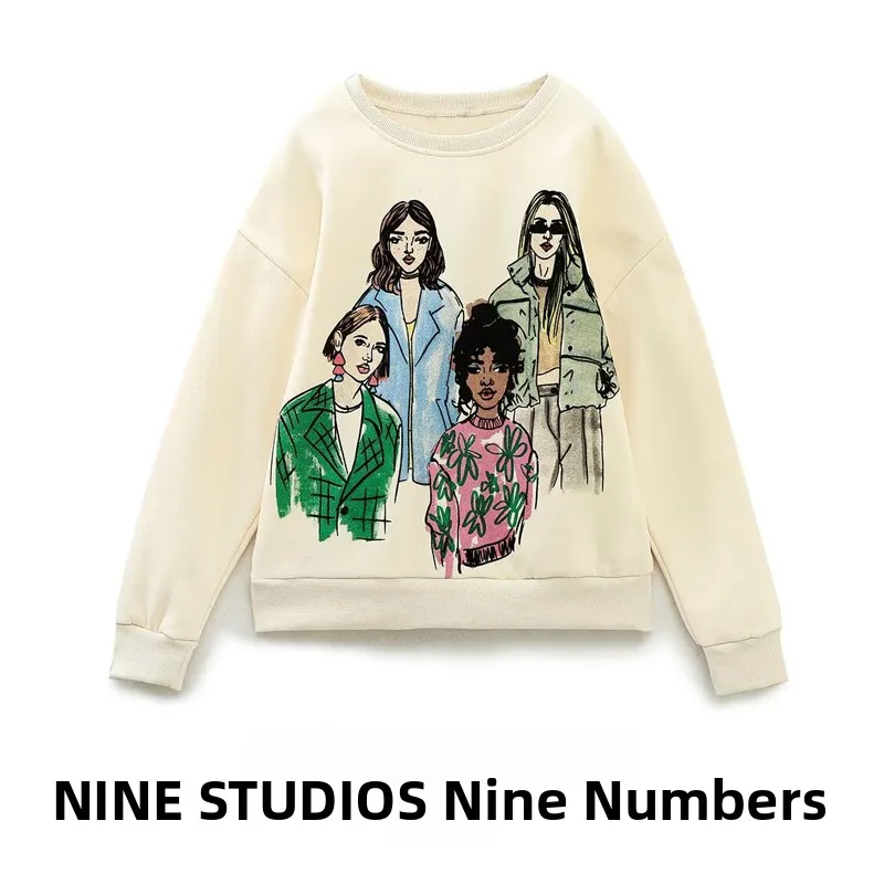 Girls round Ne Overhead T-irt Sweatirt Printed Casual Loose Fit Long Sve Polyester Spring Commute Sle Faion Ladies