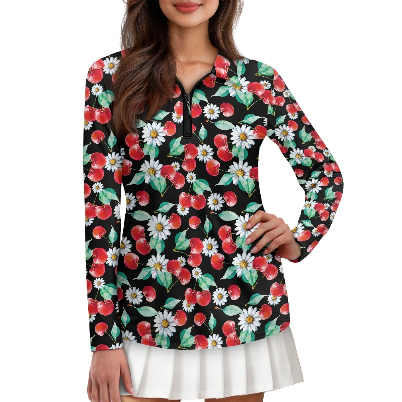 PENSTROLL Cherry Daisy Bloom Womens Plus Size Golf Shirts Moisture Wicking Athletic Tops for Hiking