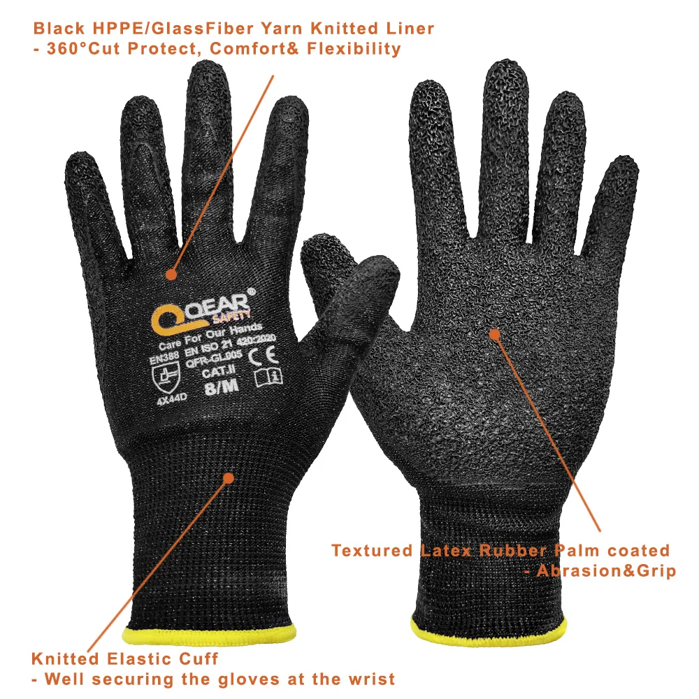 QearSafety Black HPPE Cut 5 Resistance Work Safety Glove, Latex Rubber Palm Coated, Heavy and Medium Job Handling Protect