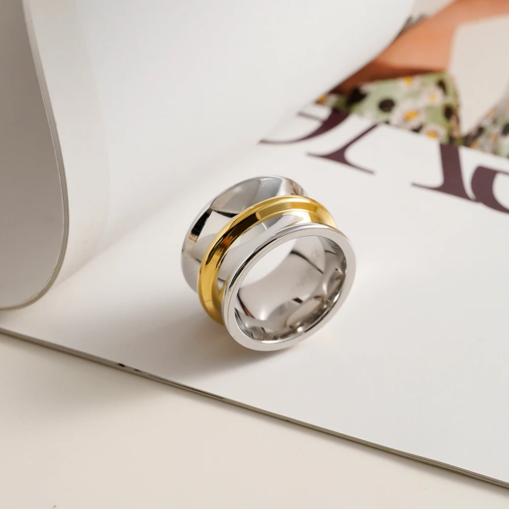

ENFASHION Anillos Mujer Glossy Two Tone Color Ring For Women Stainless steel 18K Plated Gold High Street Fashion Jewelry R254580