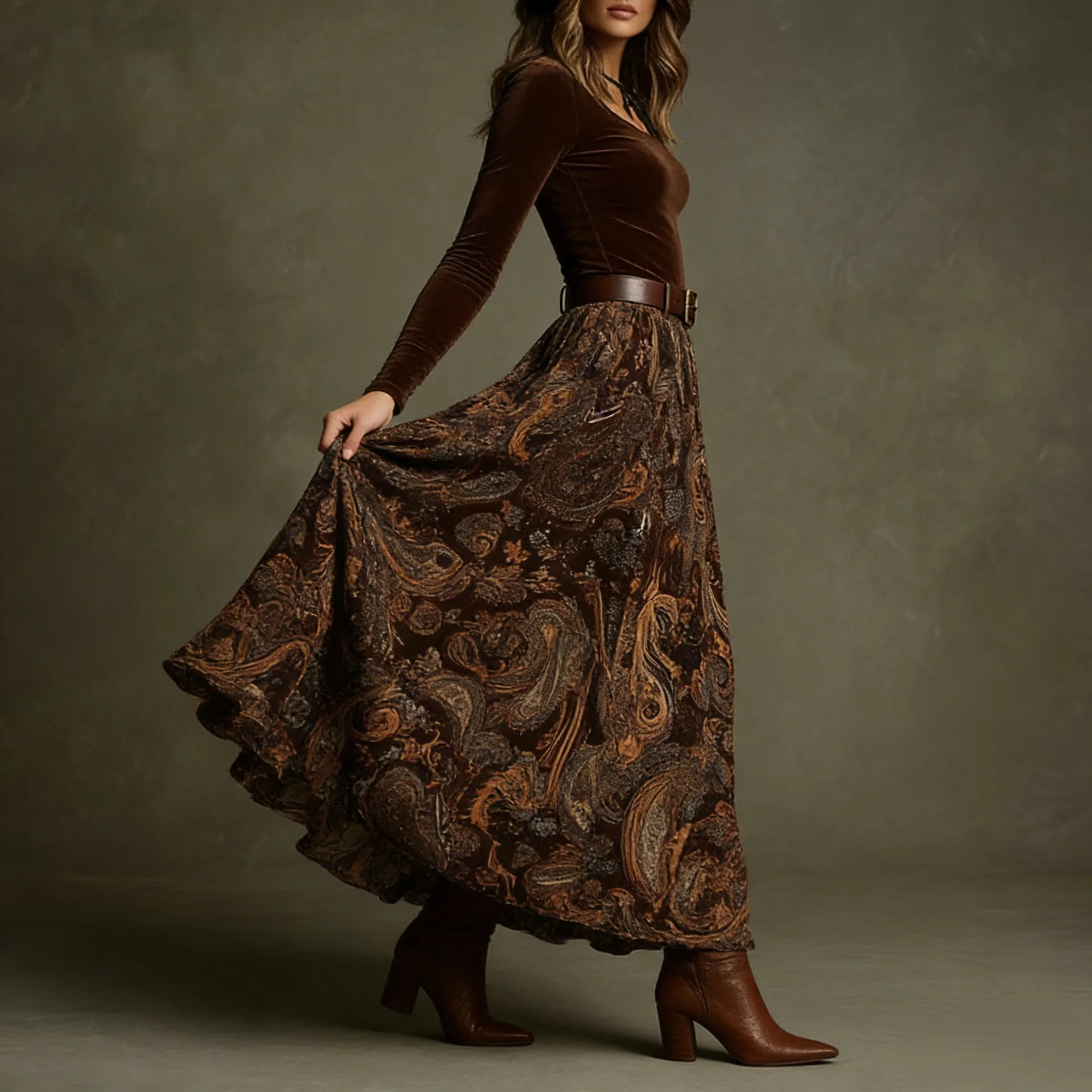 2026 Women New 2‑Piece Outfit Fitted Top & Vintage Floral Print Big Swing Maxi Skirt Set With Belt Elegant Ladies Suit