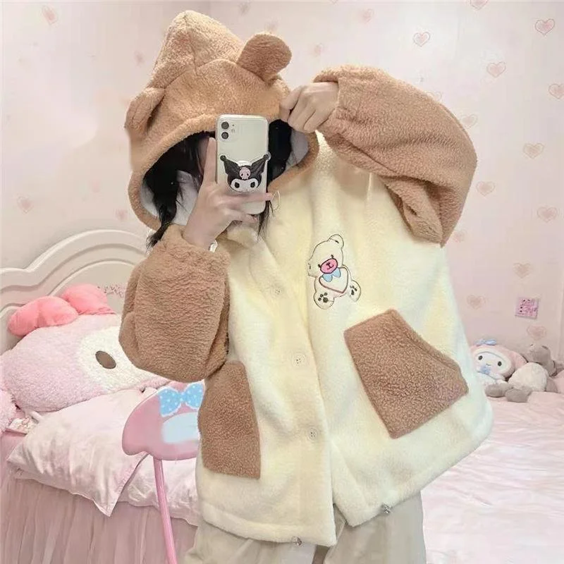 

2024 Winter Embroidery Lamb Fleece Hoodies Patchwork Color Button Up Thicken Hoody Teen Girls Bear Ears Hooded Cute Sweatshirt