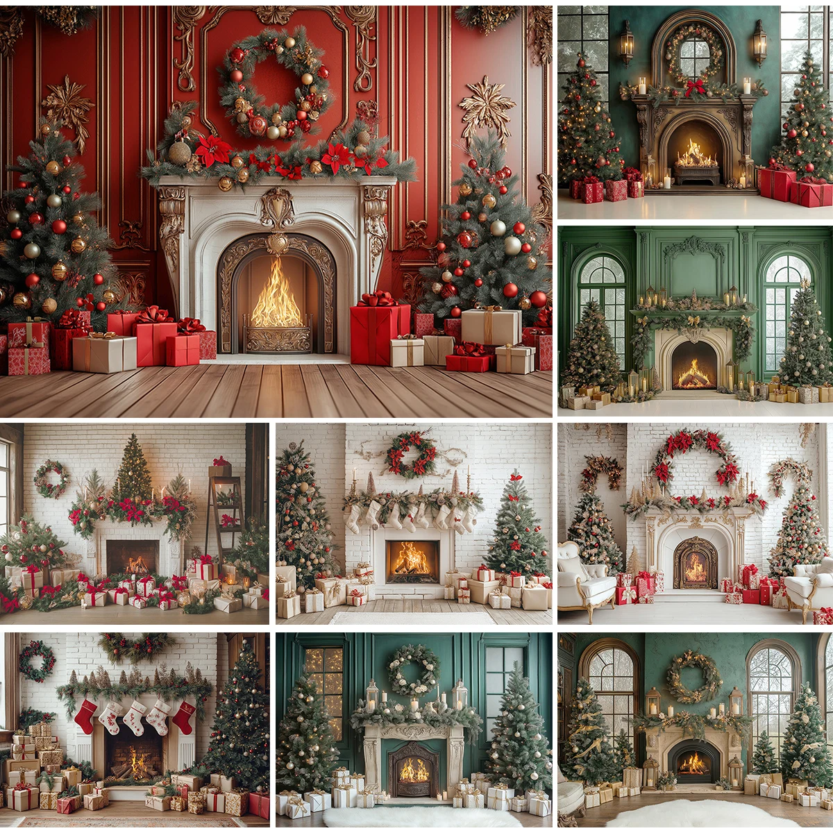 

Christmas Fireplace With Trees Backdrops Kids Family Photography Child Baby Photocall Decors Xmas Classic Room Backgrounds