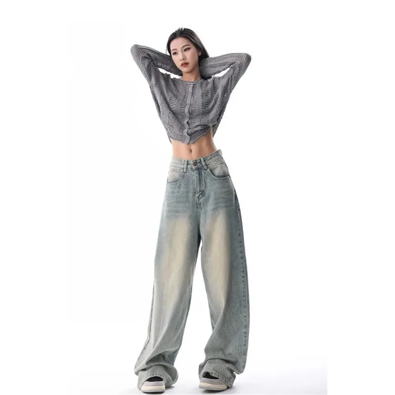 Duomofu خريف جديد خمر فضفاض بسيط جينز نسائي غير رسمي أمريكي كلاسيكي عالي الخصر نحيف موضة الجينز النسائي المتعثرة #4