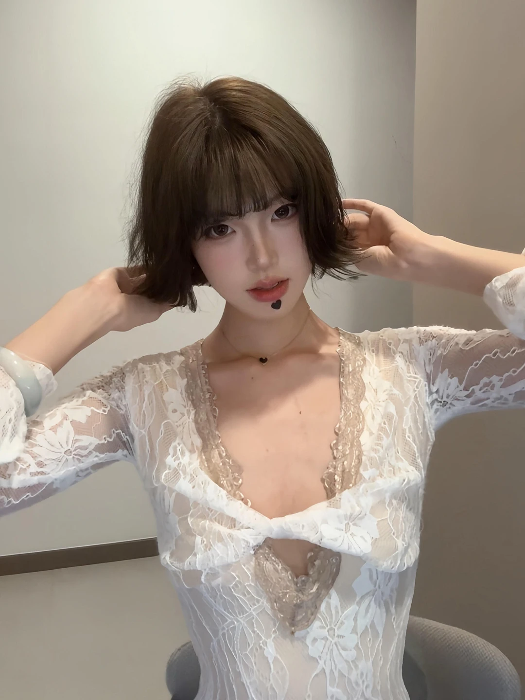 

Ele White Lace Trim Jumpsuit Sexy Slim Fit Deep V Ne Long Sve Base irt Women's High Waist ort Pants Polyester Fiber