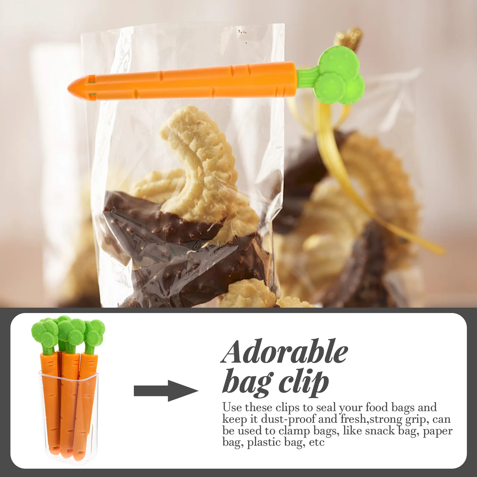 

5Sets Freshness Seal Clips Carrot Shape Cartoon Food Bag Sealing Clamps Strong Grip for Snack Plastic Paper Bags Organizing