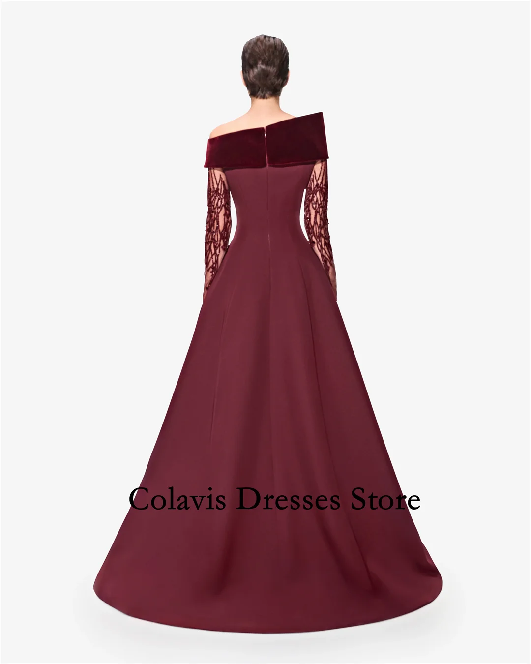 Colavis Fashion Customized 2024 New Women's Maxi Asymmetric Boat Neck Bell Shaped Burgundy Prom Dress Celebrity Party Dress