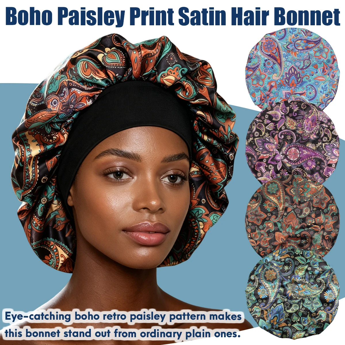 Women's Bohemian Long Satin Sleep Cap Adjustable Reusable Hair Protection Wrap for Sleep And Shower Suitable for All Hair Types