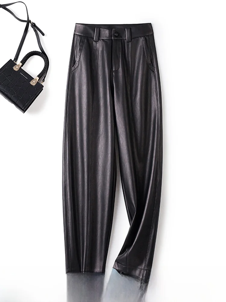 

Женские брюки-баллоны из натуральной кожи с высокой талией в корейском стиле, утягивающие, повседневные, фасона «гарлан», укороченные (7/8)