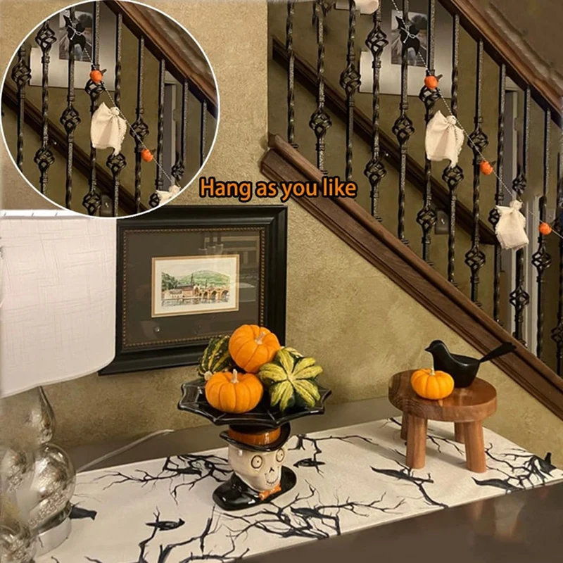 Guirnalda de fantasmas de algodón para Halloween, pancarta de calabaza y murciélago, decoración de pared rústica hecha a mano para marco, puerta y ventana