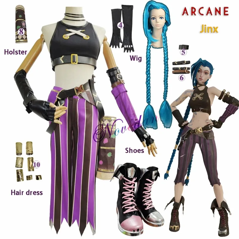 

Game LOL Arcane Jinx Cosplay Costume Anime LOL Jinx Cosplay Women Sexy Outfit Shoes Wig Costume Full Set