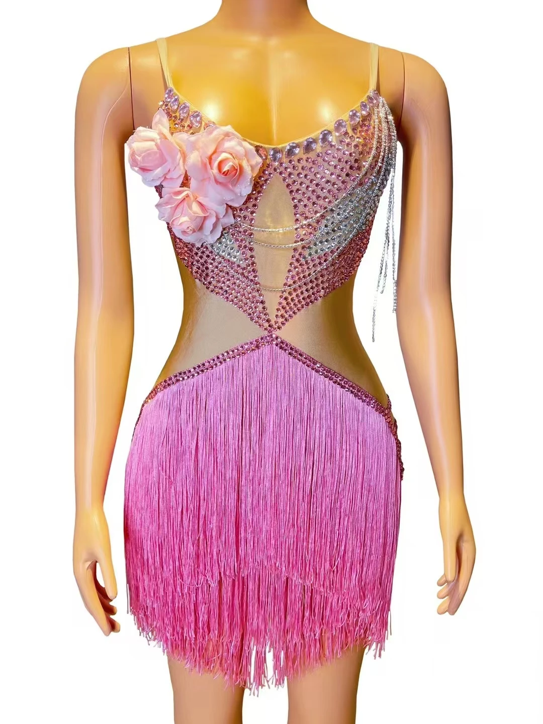 

Pink Rhinestones Flower Tassels Sexy SlingSheath Mini Dress Party Performance CostumeBar Nightclub Singer Dancer Stage Wear A642