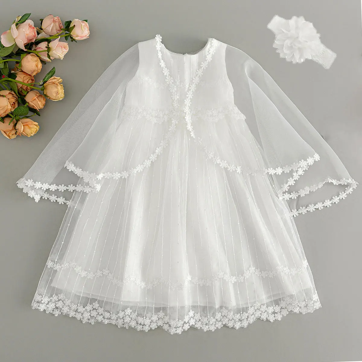 

HETISO New Baby Wedding Dress Lace Cape Baby Christening Gown Ivory Infant Girls Communion First Birthday Party Clothes 0-2T