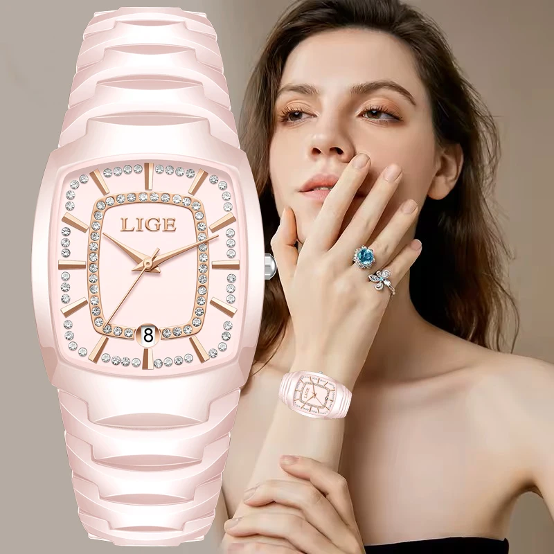 LIGE Creative Square Watch For Women Fashion Waterproof Date Women's Quartz Wristwatches Stainless Steel Sports Ladies Watches