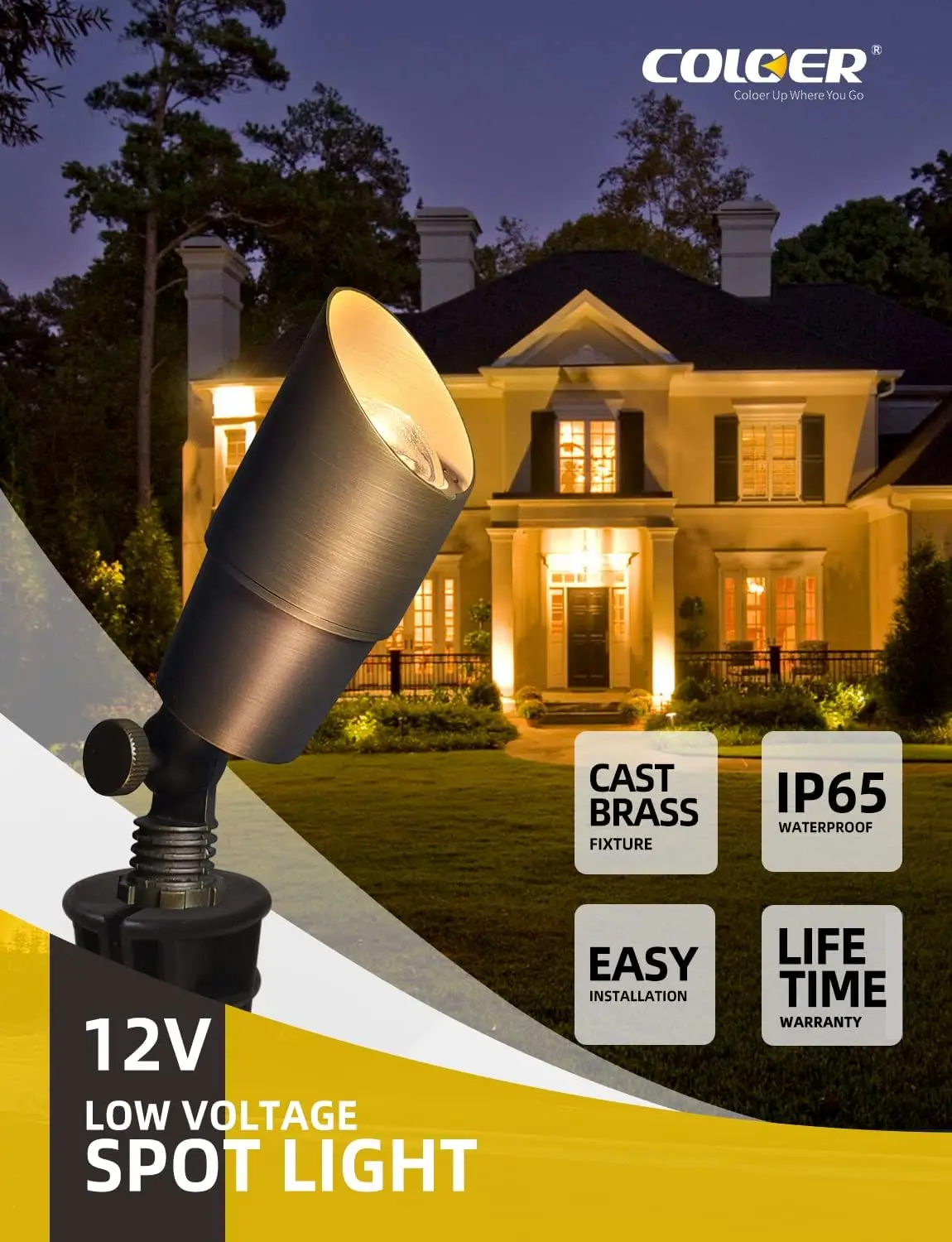 

COLOER Brass Landscape Spotlight 12 Pack Spot Lights Outdoor 5W Aluminum Housing MR16 LED Bulb 2700K 450LM 12V AC/DC Low Voltage