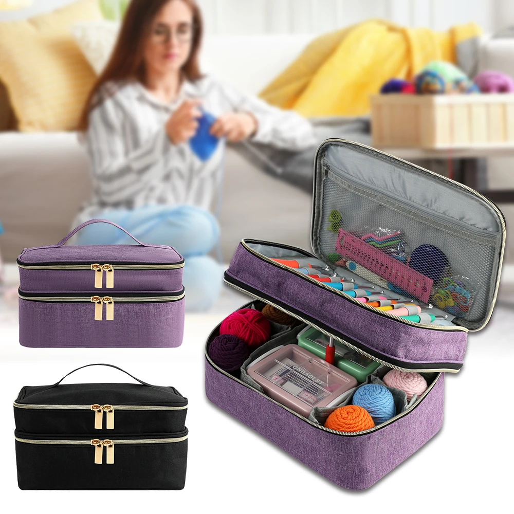 Large Capacity Sewing Box Organizer Crochet Hook Sewing Tool Yarn Storage Bag Double-Layer Sewing Accessories Organizer Case