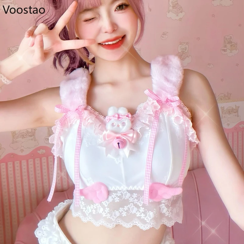 

Sweet Lolita Crop Tops Women Kawaii Cartoon Rabbit Doll Lace Ruffles Camis Harajuku Girl Y2k Vest Plush Bunny Ears Tanks Clothes