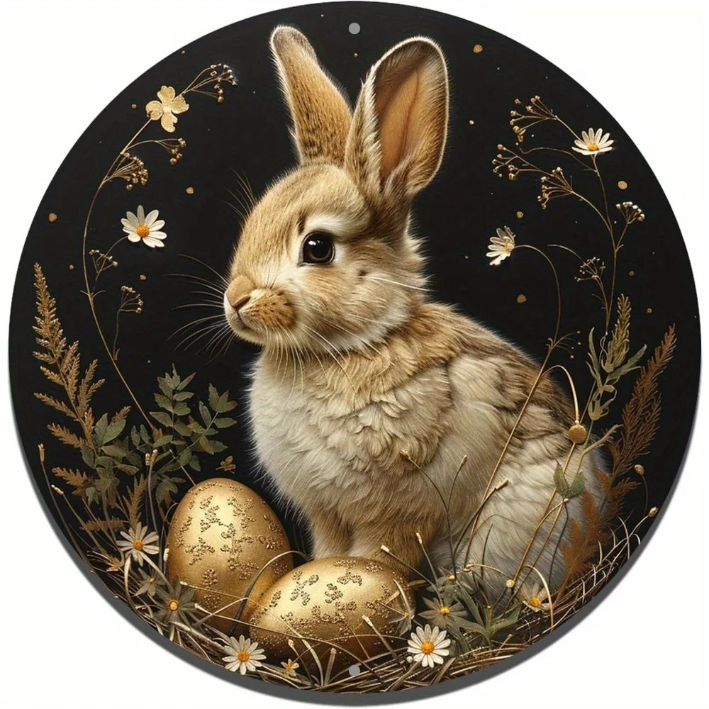 

Round Aluminum Flat Easter Bunny and Eggs Decoration Art, Farmhouse Wall Sign, Office Room, Home Door Decorations
