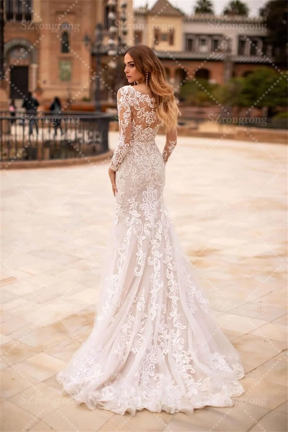 Illusion Appliques Lace Mermaid Sexy Boho Wedding Dress Long Sleeve Train Long Beach Bridal Dress Custom Made свадебное