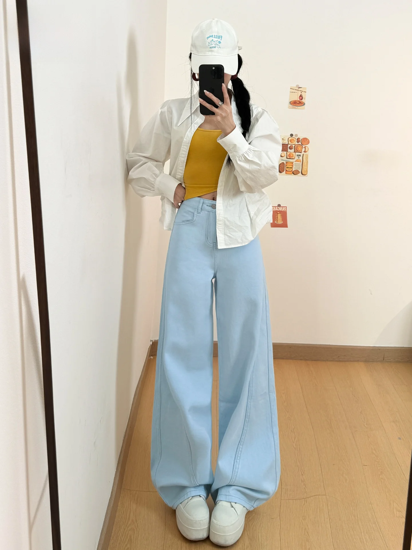 

Синие американские ретро-джинсы с широкими штанинами для женщин, летние, модные, свободные, прямые, длинные брюки с высокой талией, повседневные, из хлопкового денима