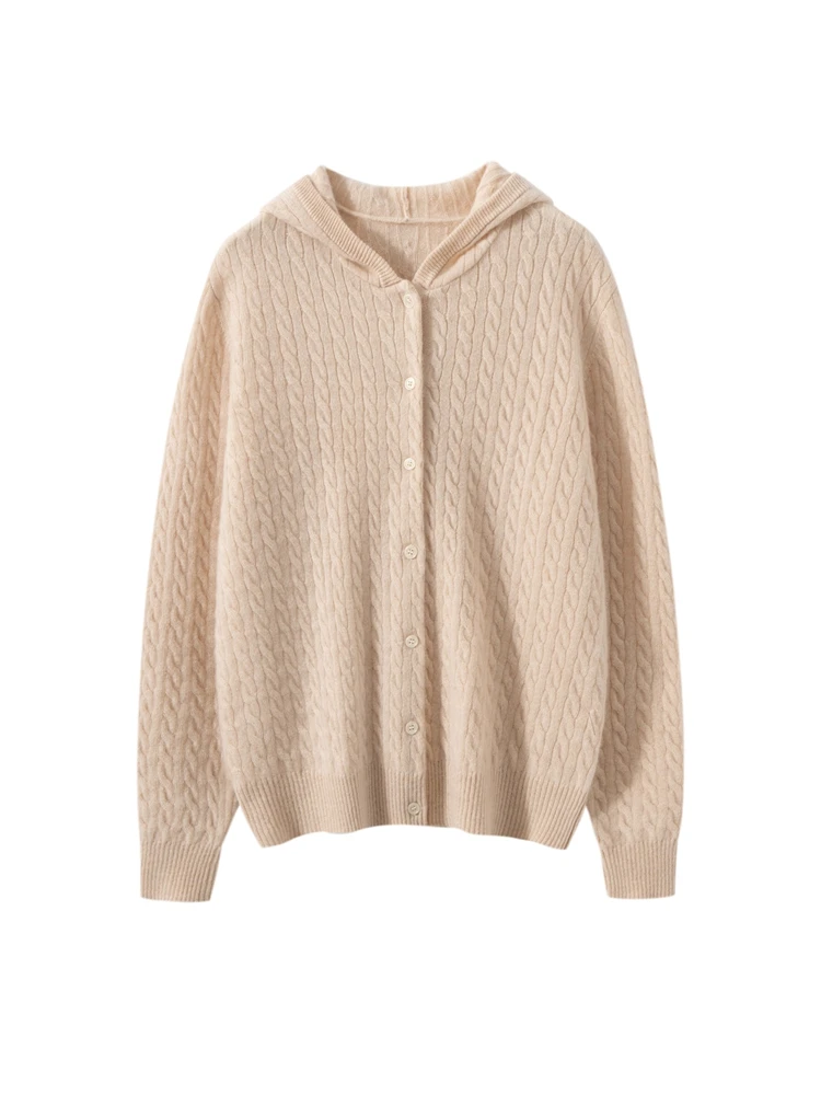 

Retro Autumn Winter 100% Cashmere Cardigan Sweater Women clothes Hooded Twist Flower Single Breasted Soild Knit Jackets High-end