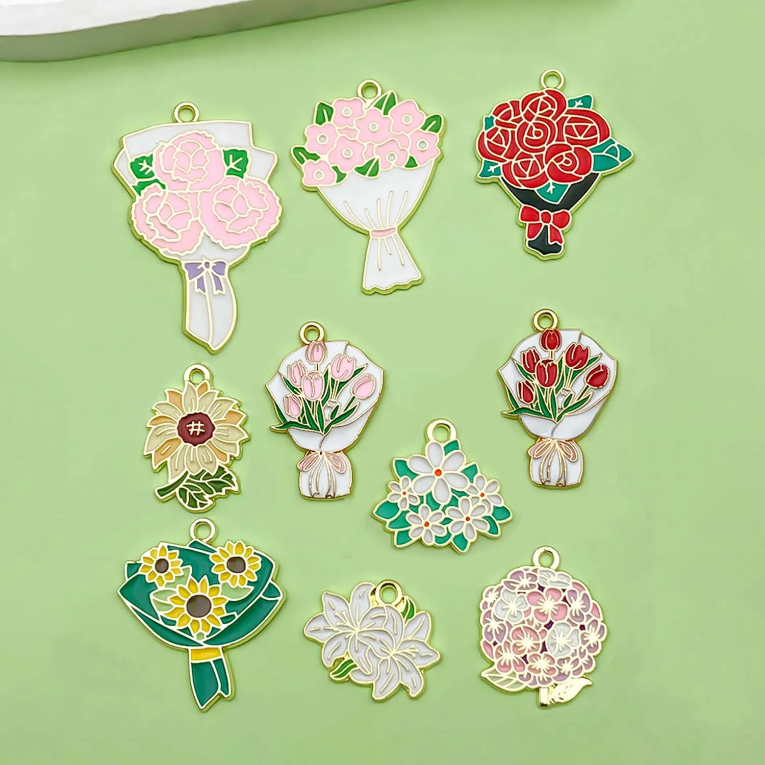 

10pcs Enamel Flowers Charms Alloy Rose Flower, Chrysanthemum, Sunflower, Carnation Pendants for DIY Jewelry Making Accessories