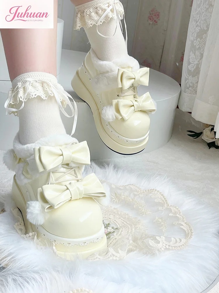 

Kawaii Japanese New Heart Cute Girl Lolita Bow Original Heightening Platform Muffin Shoes Women's Winter Warm Snow Boots Shoes