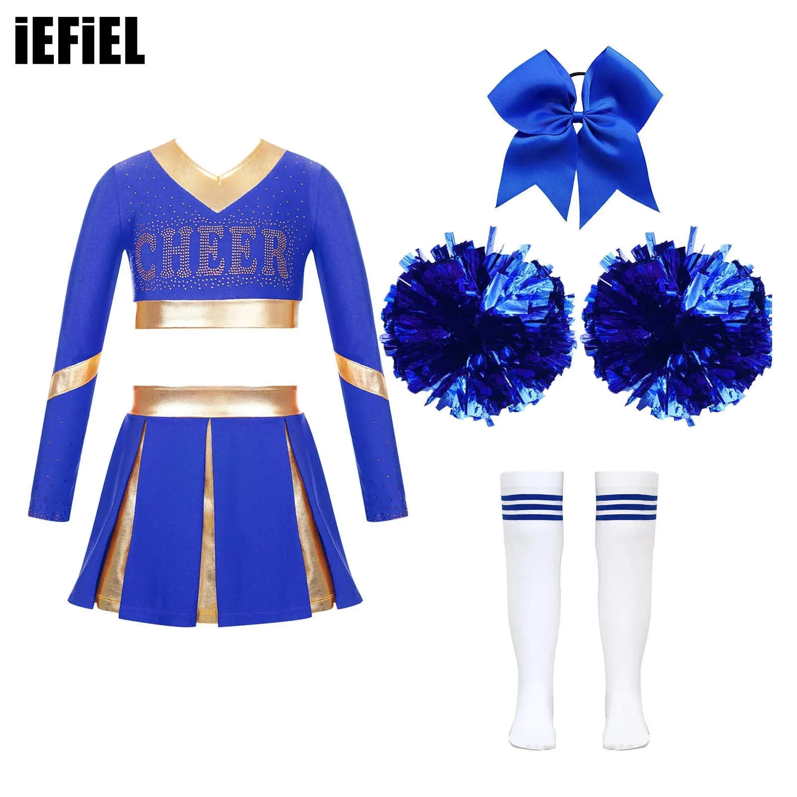 

Kids Girls Cheering Team Dance Set Long Sleeve Crop Top with Pleated Skirt And Bowknot Knee High Stockings Flower Balls