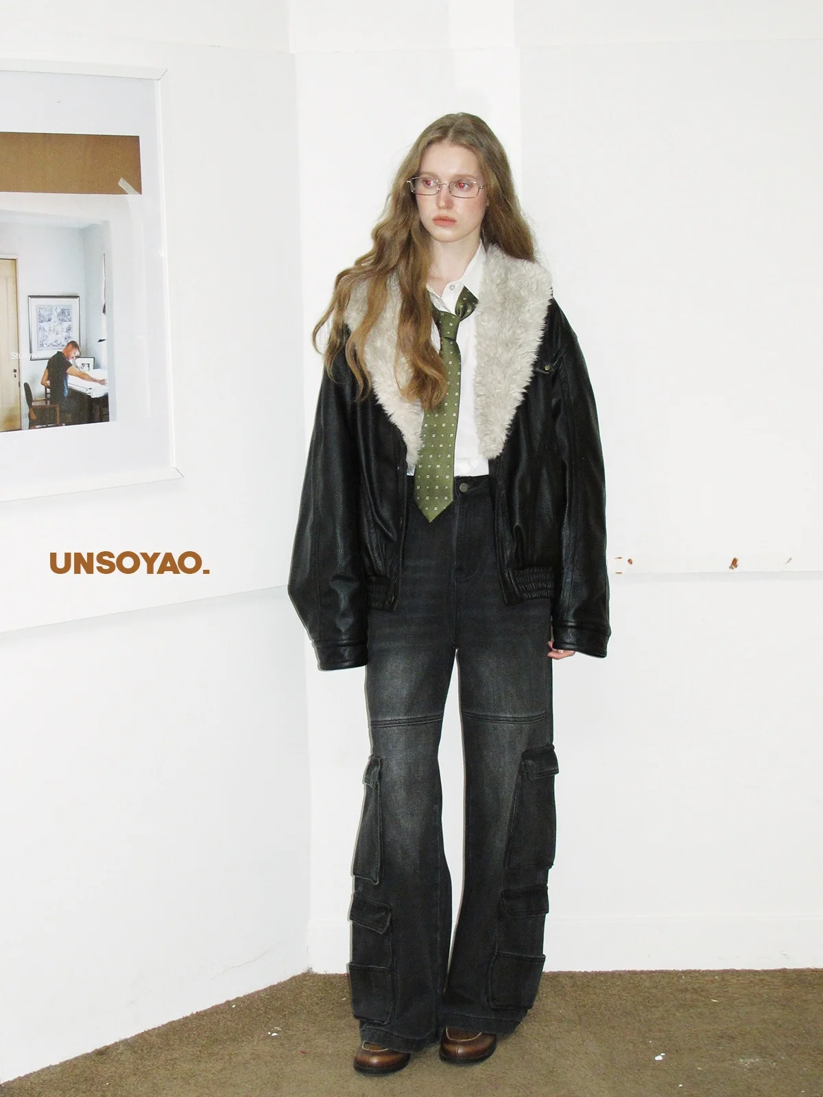 UNSOYAO Erwtjas Katoen Jaet Grote Bontkraag Taille Lederen Textuur Sensatie Dames Faion Winter Bovenkleding