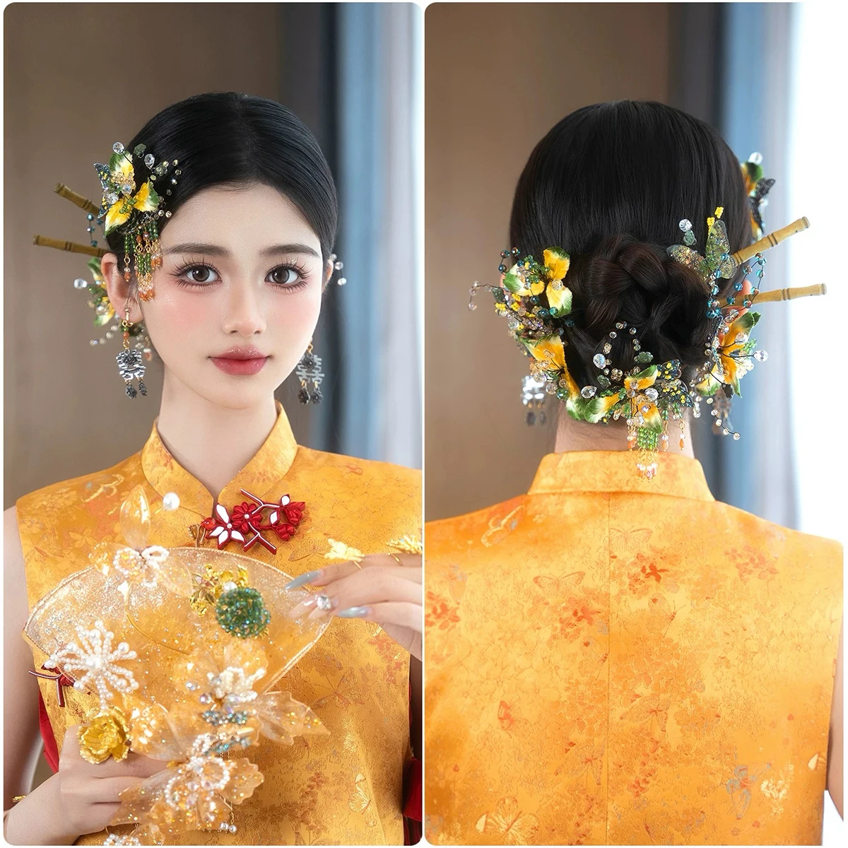

New Chinese Style Bride's Headwear Yellow Xiuhe Cheongsam Dress Hair Accessories Flower Hairpins Set Wedding Headpiece Jewelry