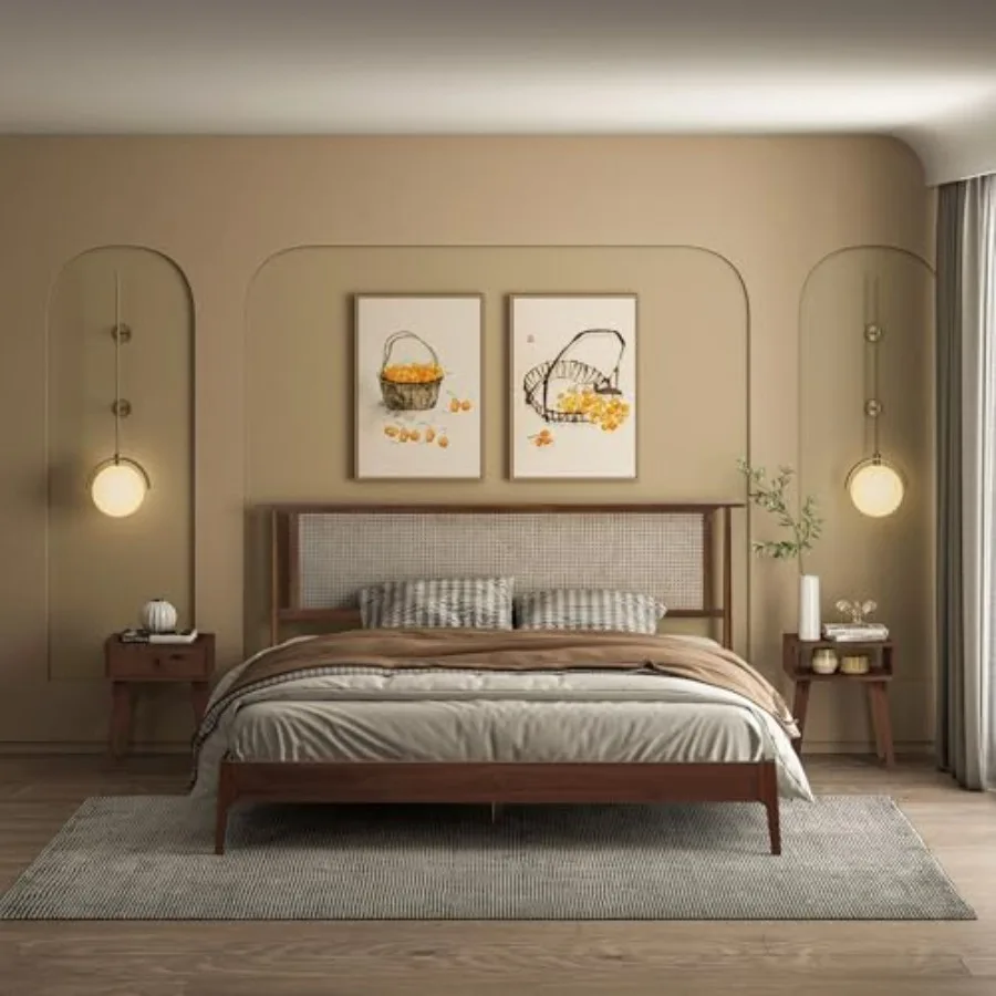 Ruby Wooden Bed Frame with Headboard and Natural Rattan Solid Oak/Rubber Wood Foundation with Silent Slats 1000 Lb Capacity Eff