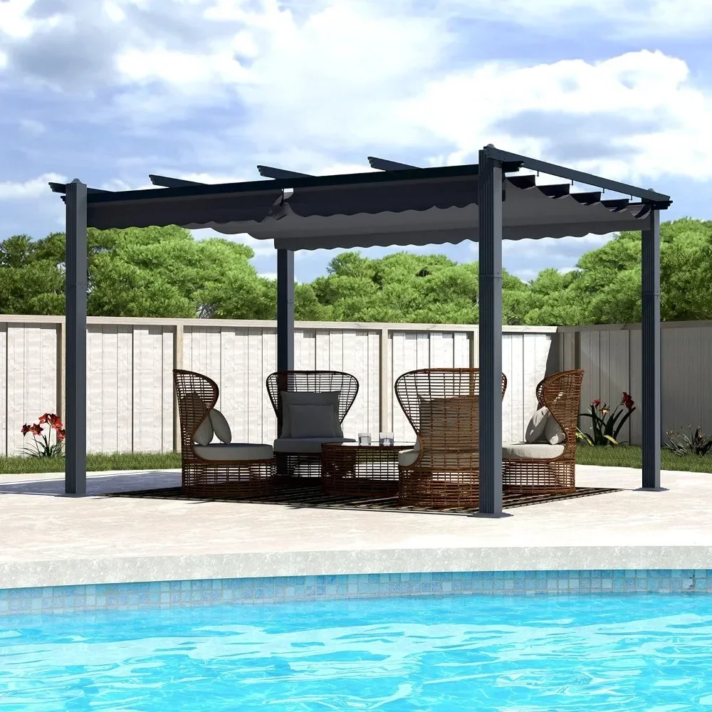 

aluminum outdoor pergola with thicker posts and upgraded retractable pergola canopy, heavy duty gazebo,13x10 ft pergola