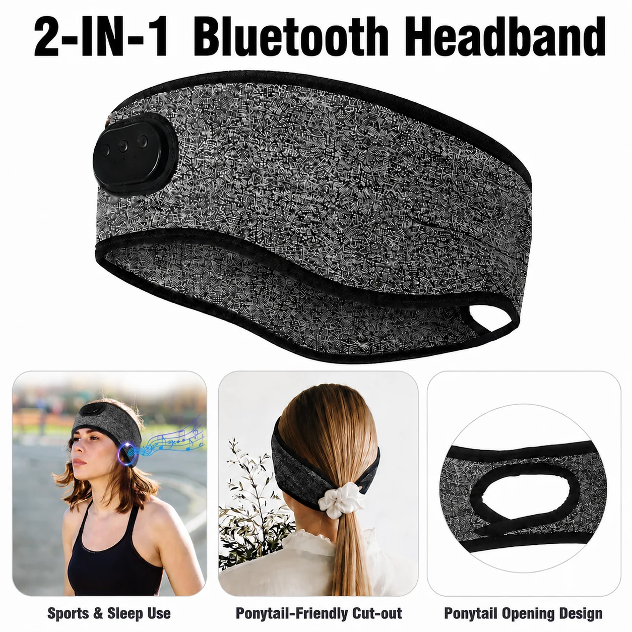 Sports Bluetooth Headband Headphones, Soft Elastic Wireless Music Headset for Running Gym Workout Side Sleeping